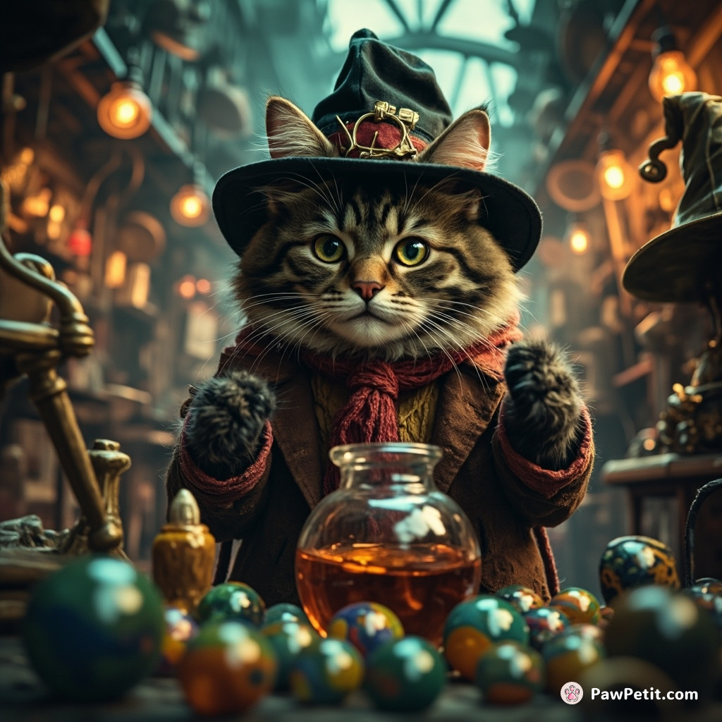 A conjuring cat charging a potion with mystical cats-eye marbles amidst an insane hat shop.