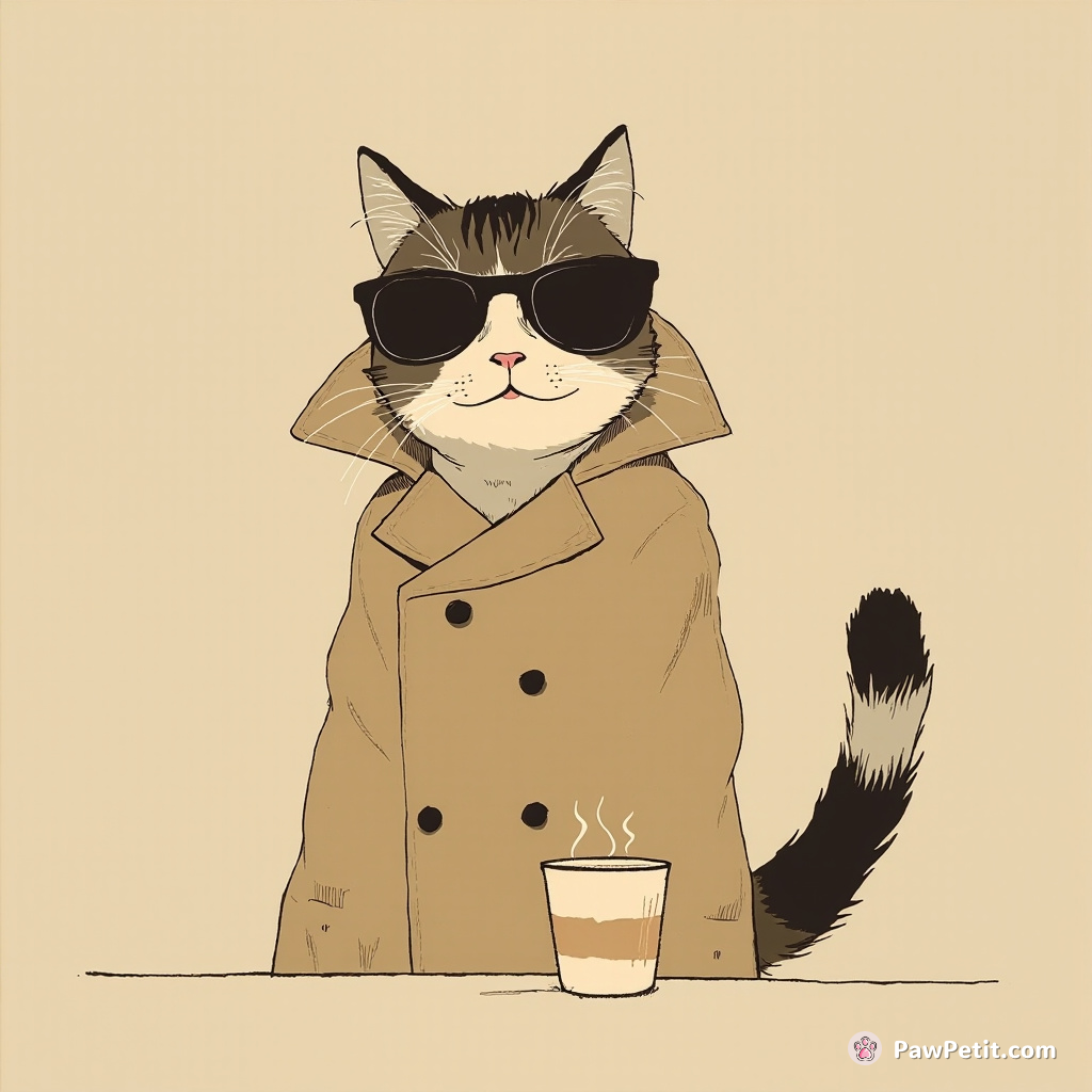 The cat, disguised in a trench coat, attempts to order a latte by meowing loudly at the barista.