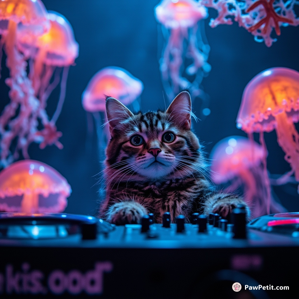A Cat DJing at an underwater rave, surrounded by neon jellyfish with dancing starfish as fans.