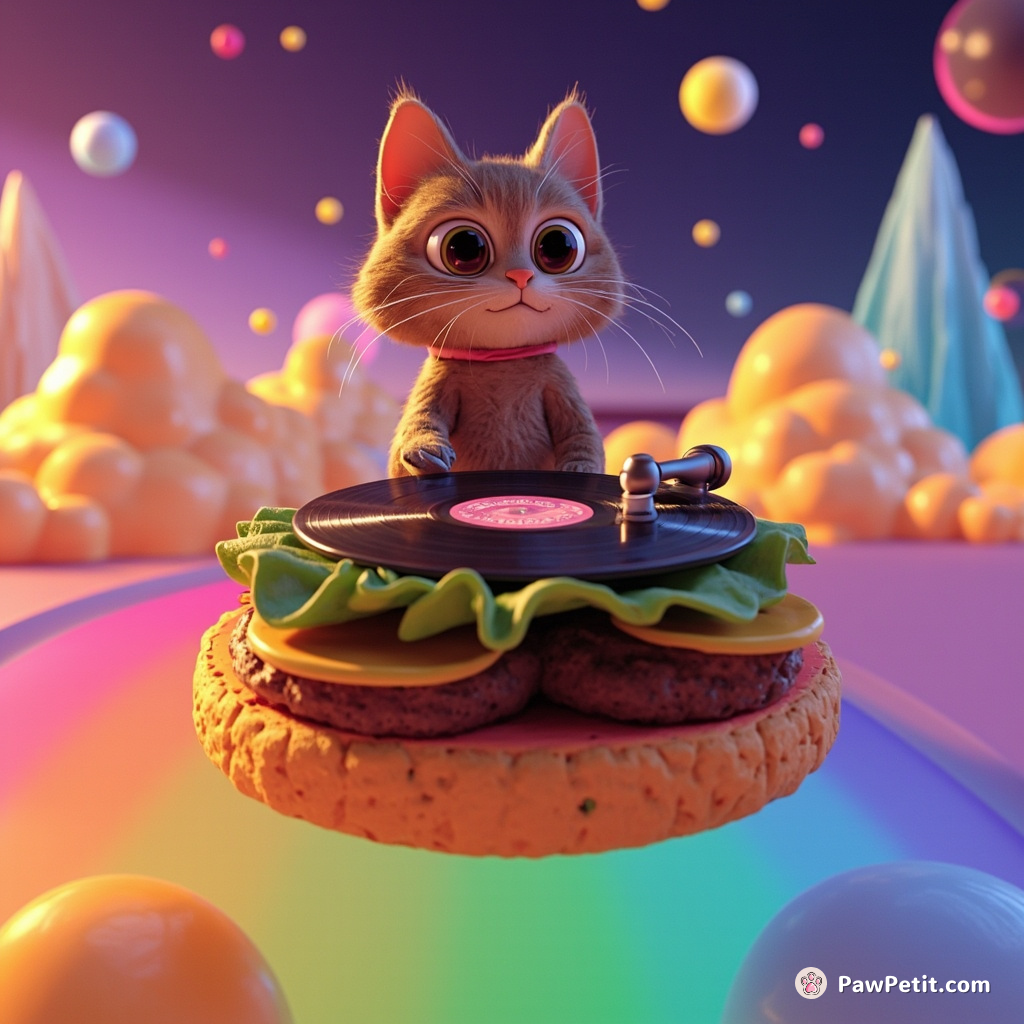 A cat djay spinning vinyl on a floating cheeseburger in rainbow-colored space.