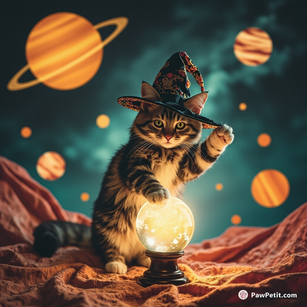 Glowing, levitating cat manipulates a wizard's crystal ball while giant cheese planets spin in the backdrop.