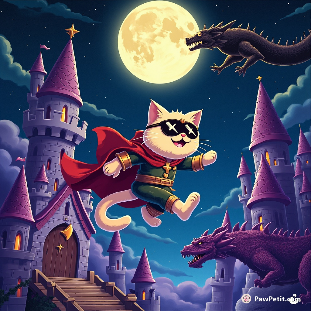 In "The Purr-fect Quest," Sir Whiskers vaults over moonlit castles to rescue Princess Meowdelia from the dragon.