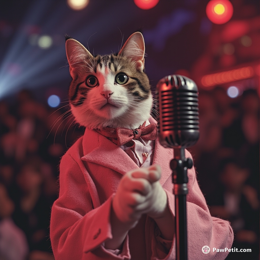 A cat practices stand-up comedy routines, pouncing on punchlines to steal the spotlight from human comedians.