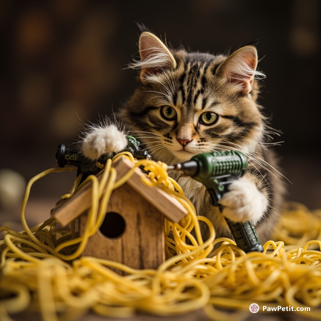 A graceful cat using miniature power tools to craft an extravagant birdhouse amidst raining spaghetti noodles, displaying a face adamant on finishing the perfect masterpiece.