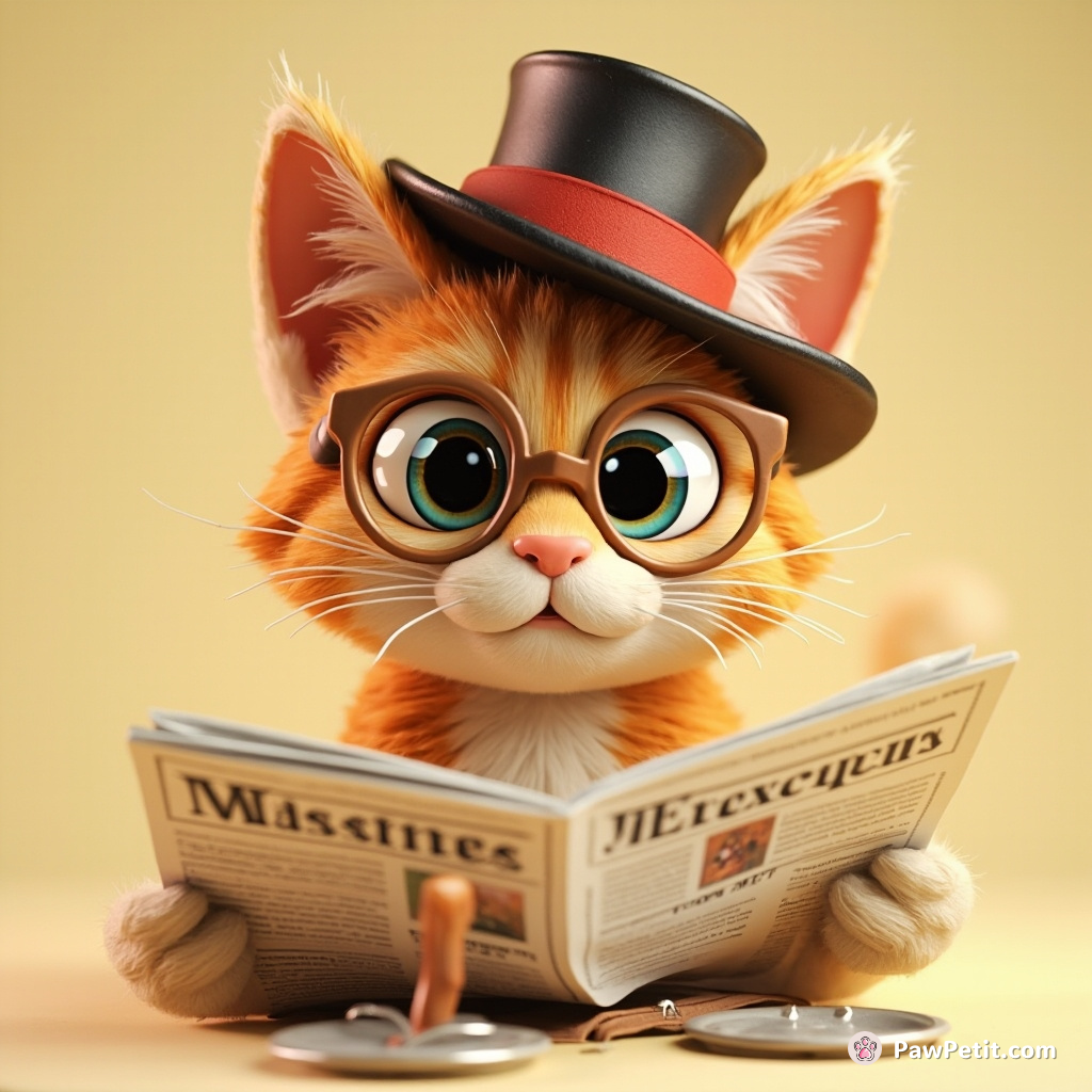 Whiskers the cat dons a tiny hat, sips imaginary tea, and "reads" a newspaper upside down.