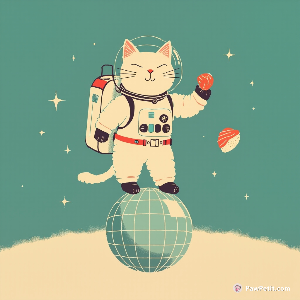 A cat dressed as an astronaut, grooving on a floating disco ball in zero gravity while nibbling turquoise sushi.