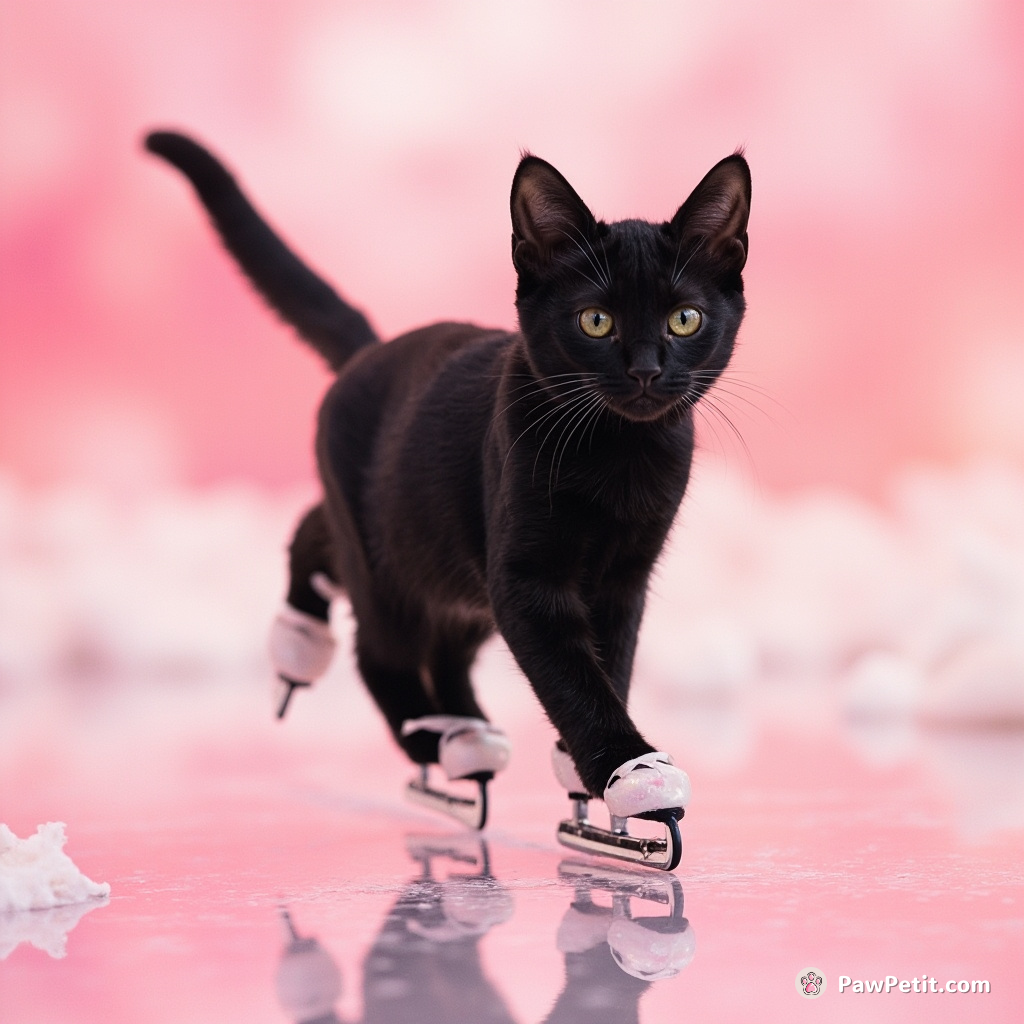 A black cat gracefully ice skating on a pink marshmallow lake under a raining sprinkle sky, wearing pearlescent roller blades.