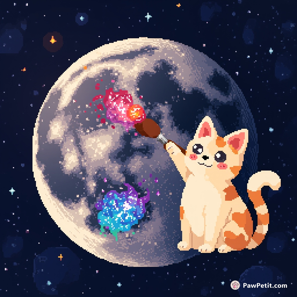 A cat using its tail as a paintbrush, splashing nebula patterns onto the surface of the moon.
