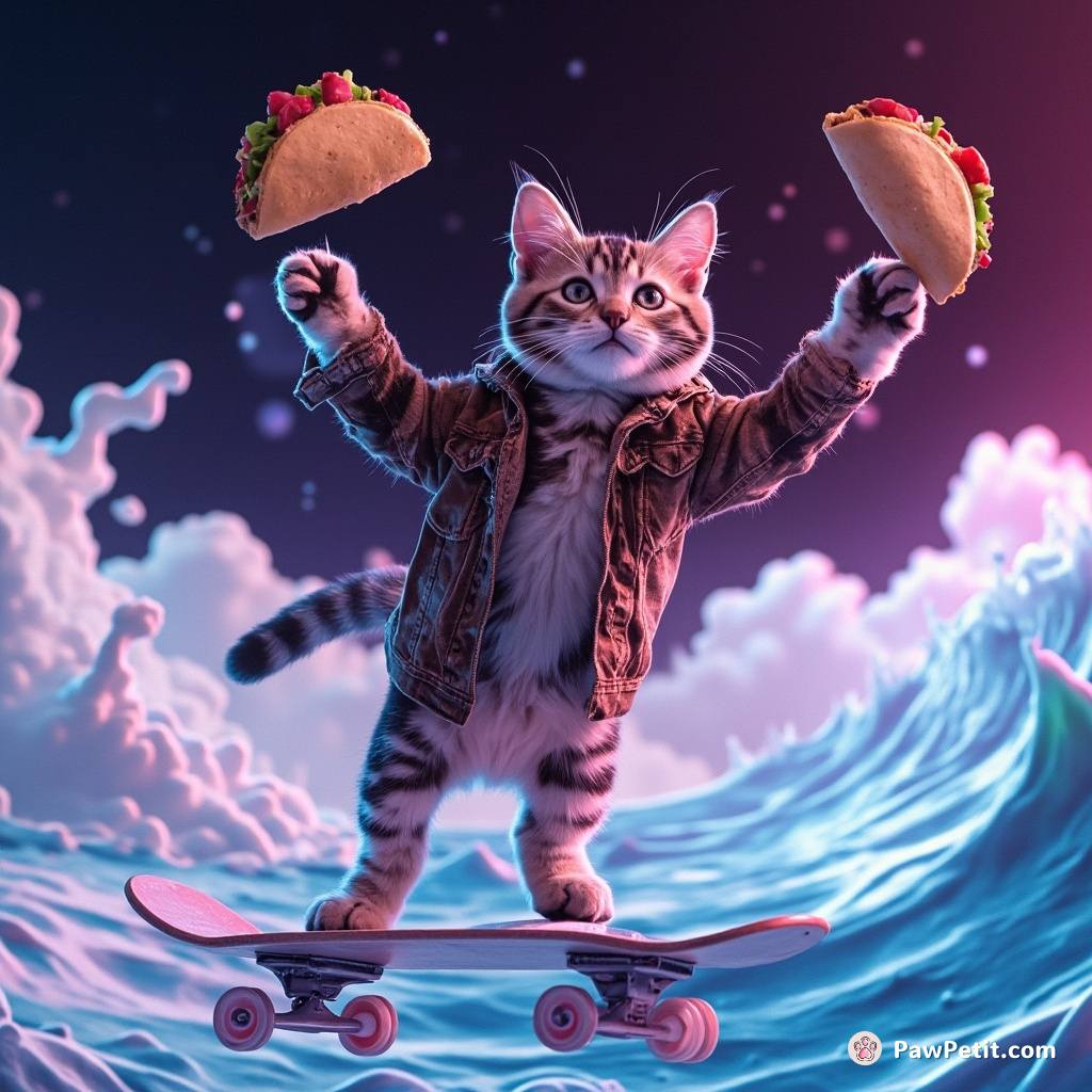 A cat juggling miniature tacos on a skateboard, riding a tidal wave of milk in outer space.