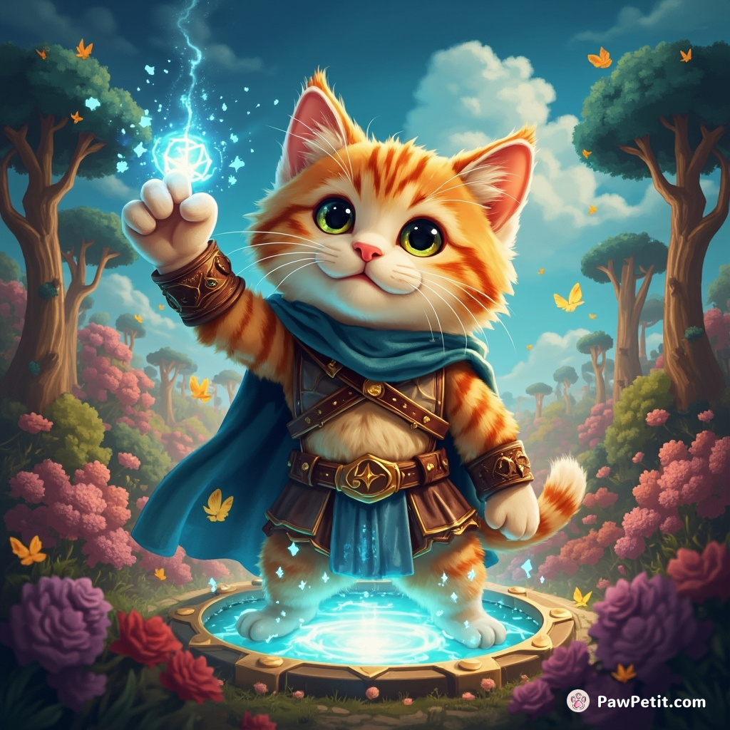 The cat hero confidently raised its paw, summoning a magic portal to the whimsical land of Furrandia.