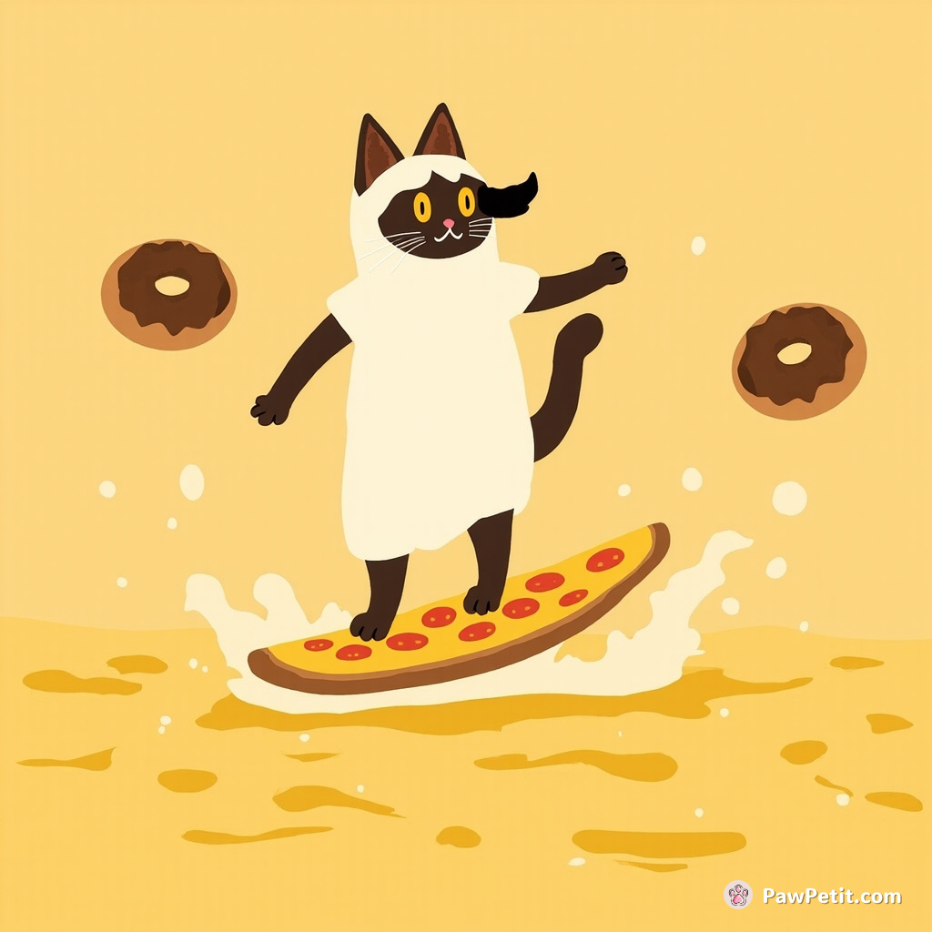 A Siamese cat surfing on a pizza slice in a sea of mango smoothie, while ostentatiously dodging flying donuts.