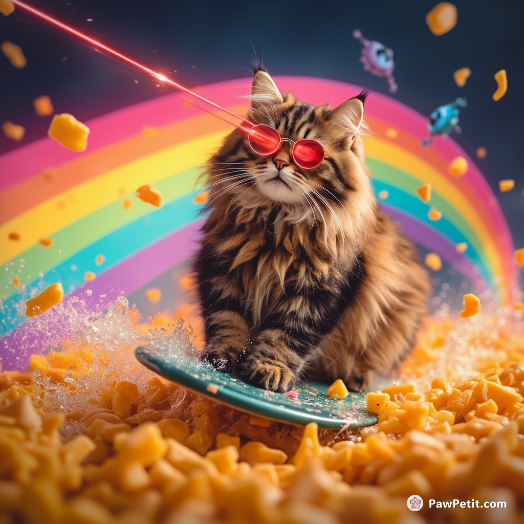 A cat surfing a rainbow in a sea of nacho cheese, elegantly fighting off alien invaders with laser eyes.