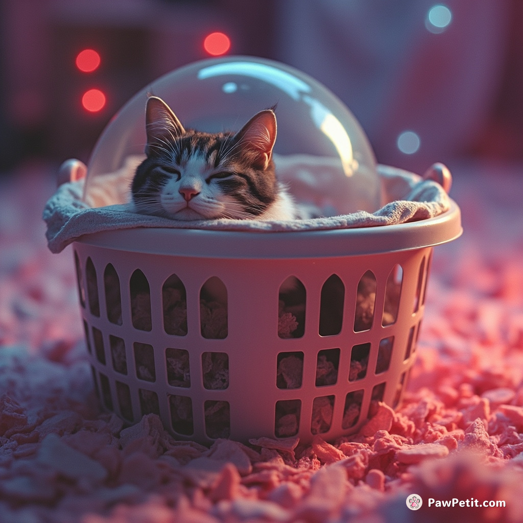 The cat naps in a laundry basket, convinced it's a spaceship navigating the cosmos of human routine.