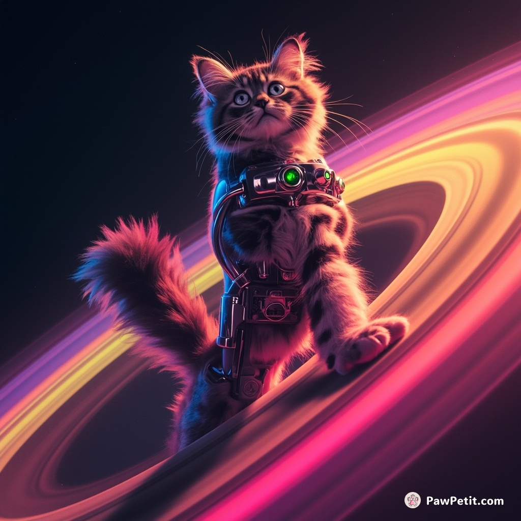 Cyborg cat dancing on Saturn's rings lit by neon rainbows.