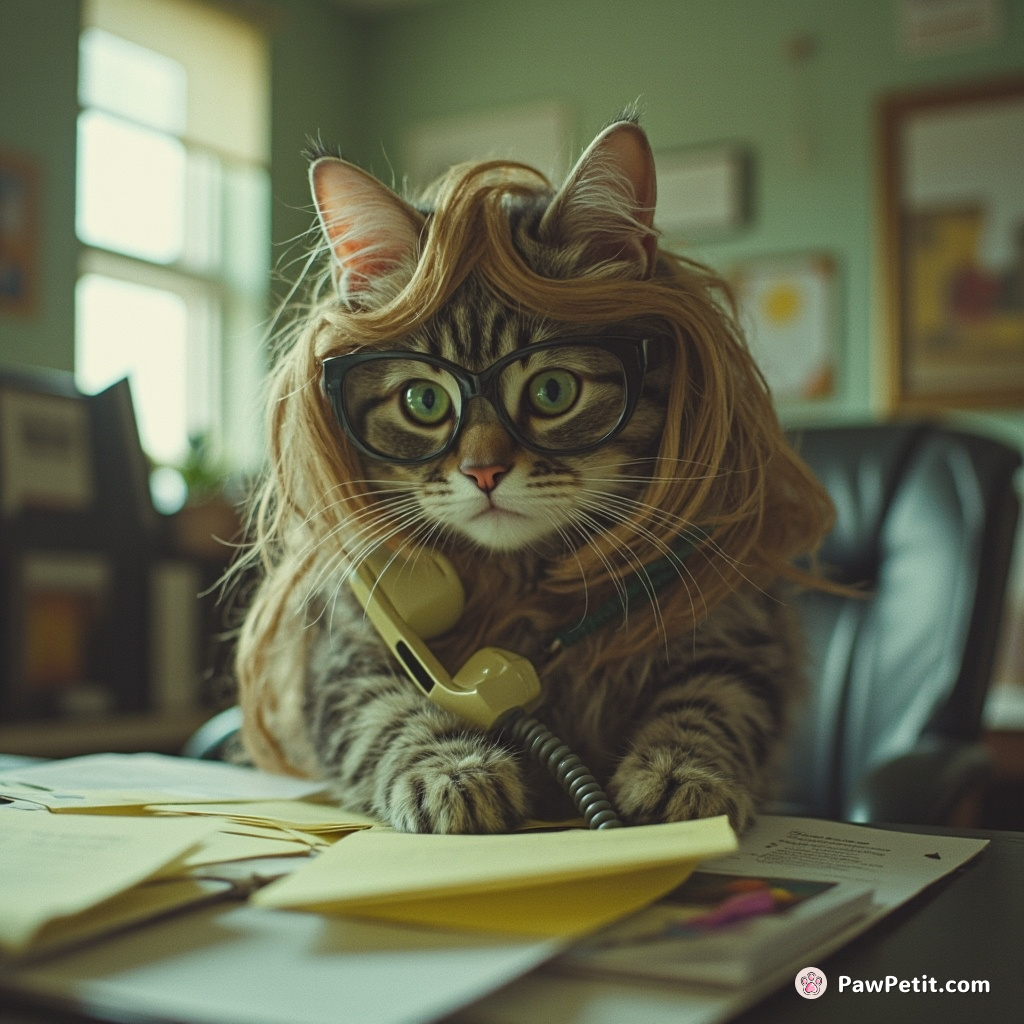 Cat, disguised in a wig and glasses, climbs on office desk, knocking all papers over trying to use the phone.