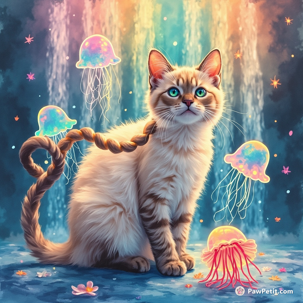A curling Siamese cat braiding its tail with neon jellyfish under a rainbow waterfall.
