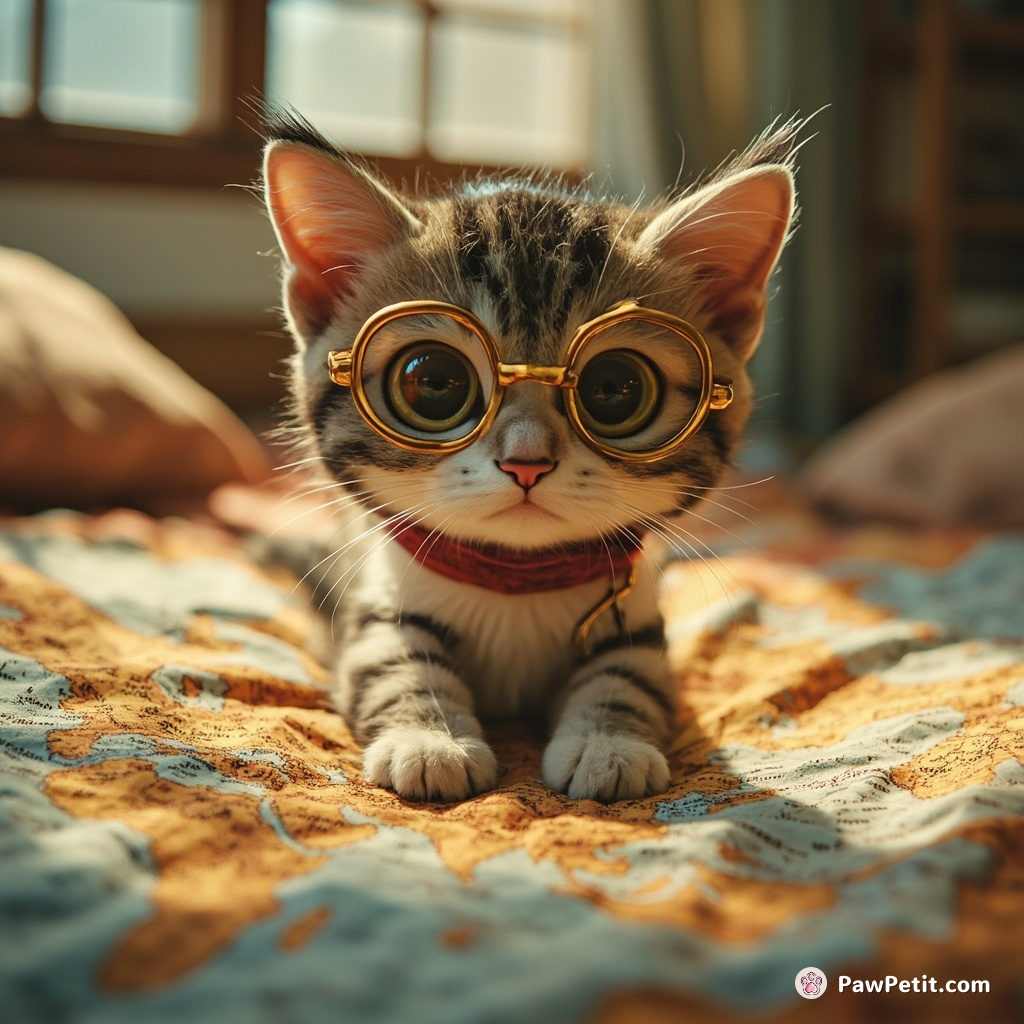 A cartographic cat with antique spectacles tracing a hidden, mystical pet route on an expansive continent-sized quilt.