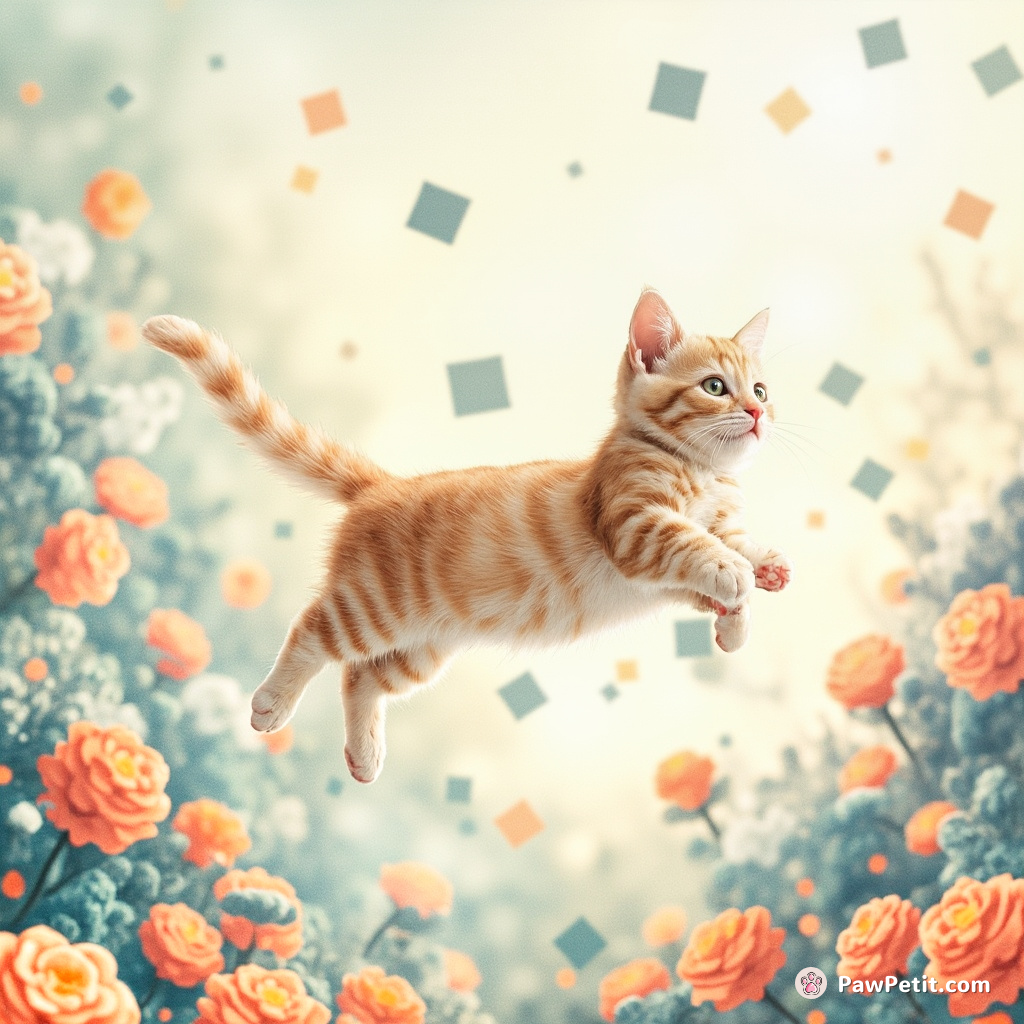 The cat elegantly leaps across floating pixels, landing smoothly within the intricate virtual realitiescape.