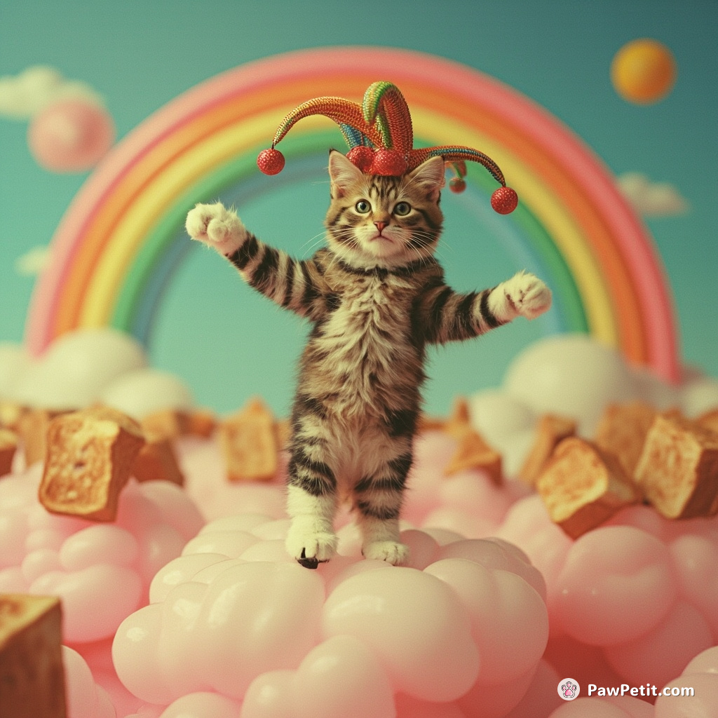 A cat tap dancing on a rainbow-traced cloud whilst winking at an audience of floating toasters, crowned by a jester hat sprouting prickly pears.