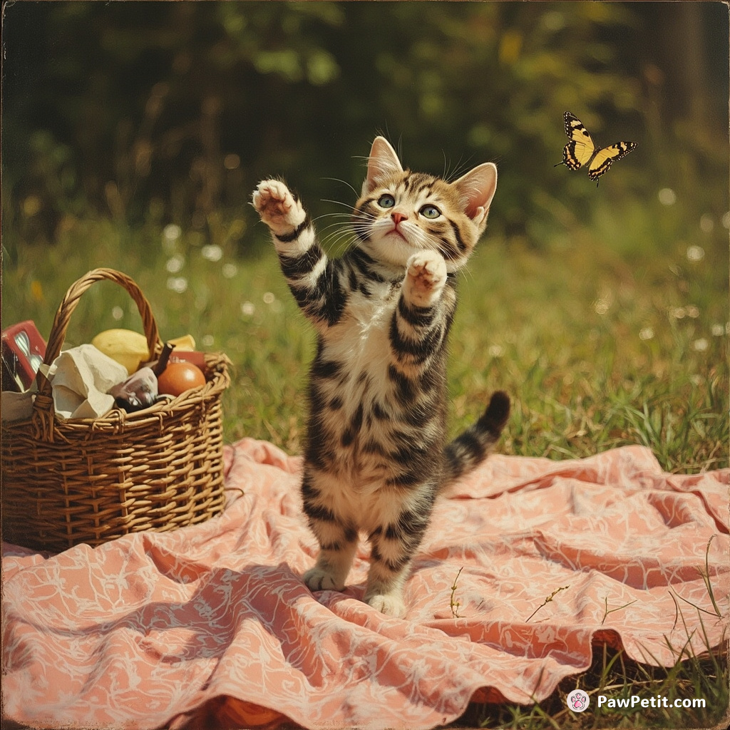 A cat leaps onto a picnic blanket, paws spread wide, diving for the scent of a fluttering butterfly.