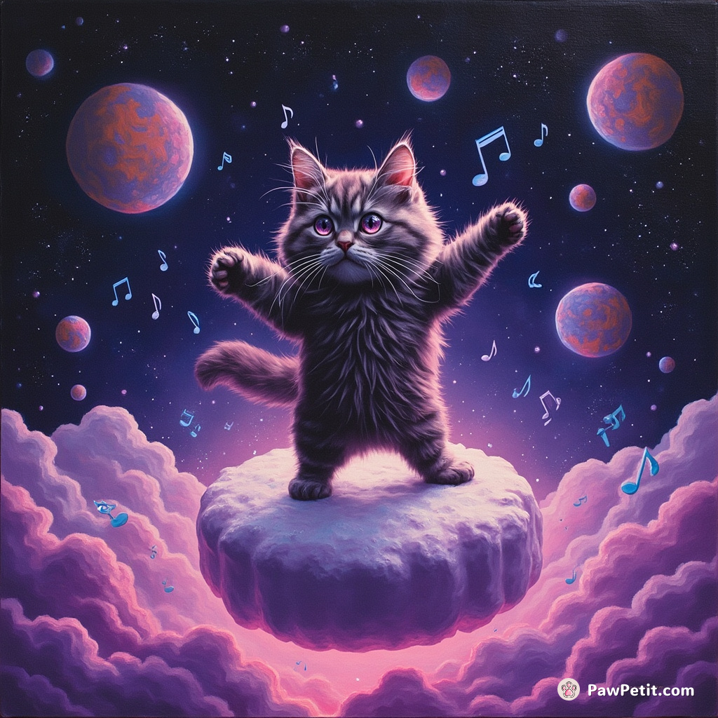 A purple-eyed cat moonwalking on a floating giant marshmallow, while jazzy music notes rain down, in a neon-lit alien world.