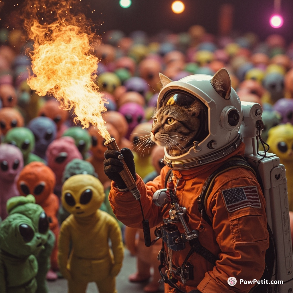 A space-suit-clad cat delivers a fiery motivational speech to an awestruck crowd of multicolored aliens.