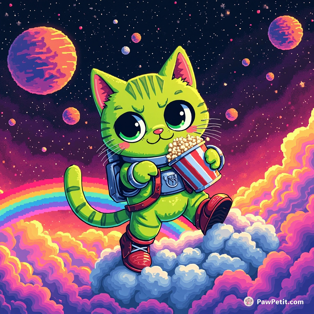 A neon green astronaut cat tap-dancing on a grumpy cloud against a kaleidoscopic sky while eating rainbow-coloured popcorn.