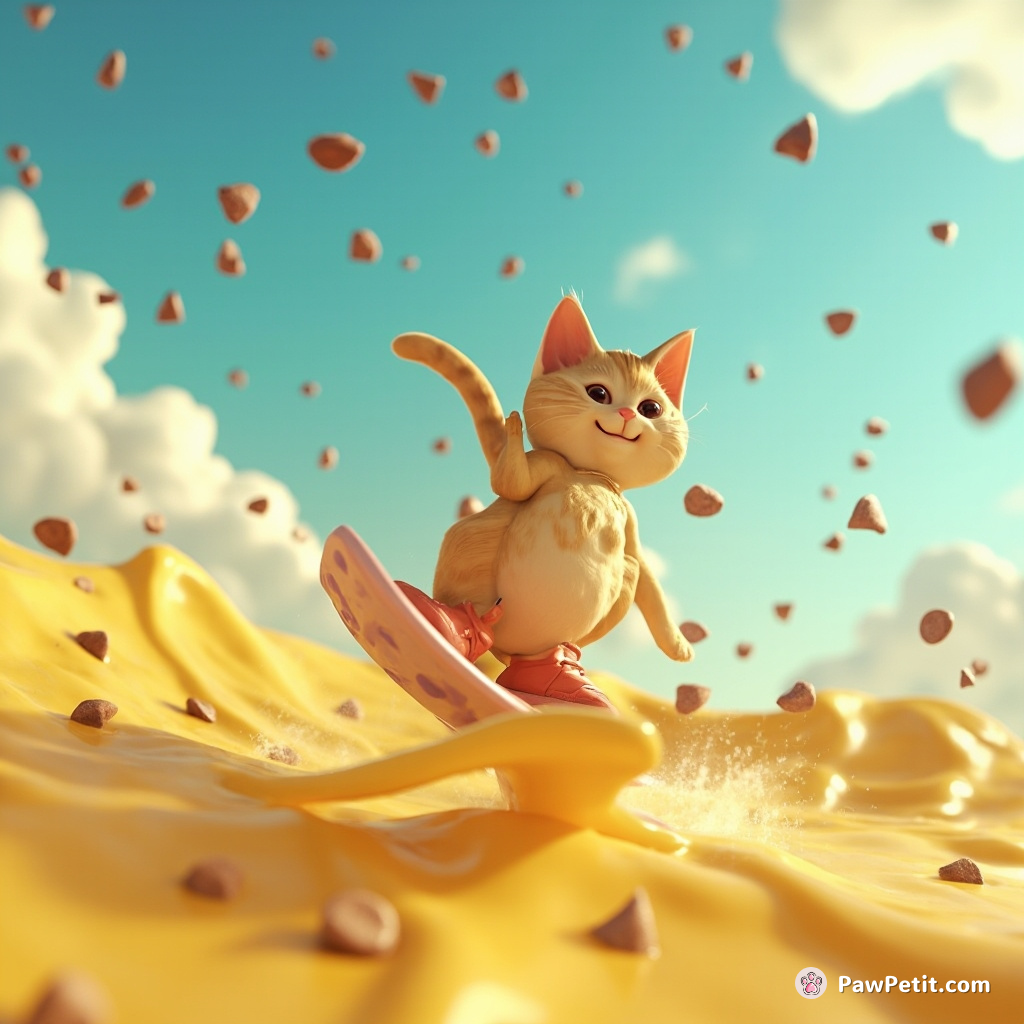 Cat surfboarding on an ocean of liquid cheese beneath a sky raining chocolate chips.