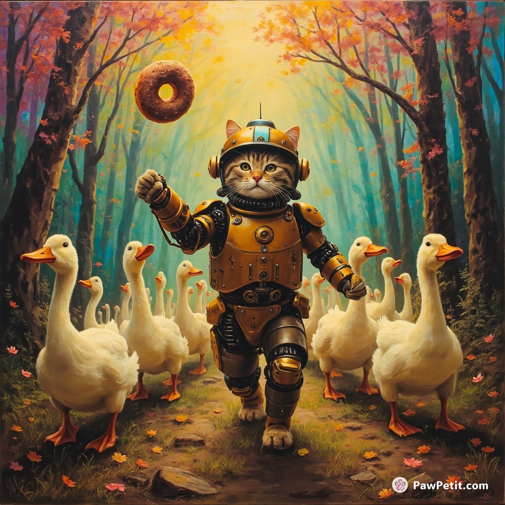 Cyborg cat marching an army of ducks through a rainbow forest while juggling donuts.