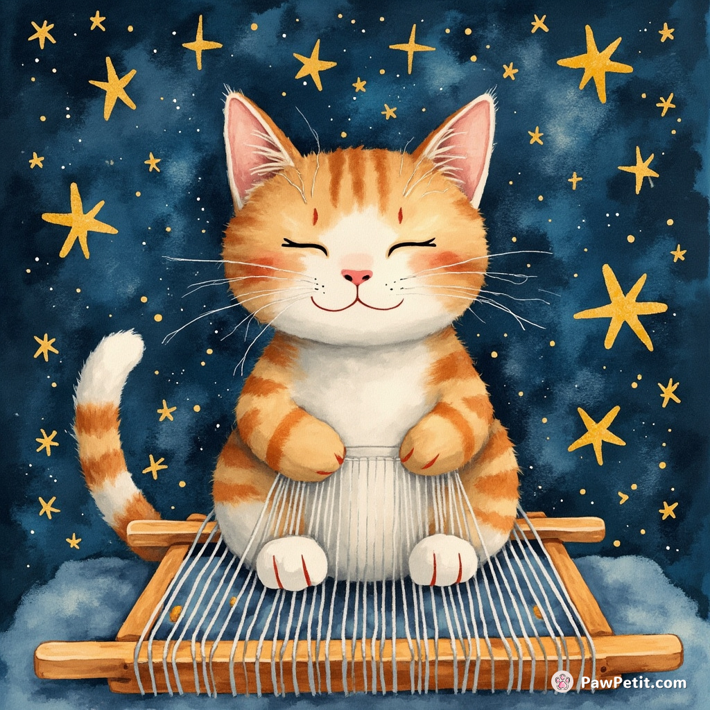 Cosmic cat weaving constellations with a star-studded golden loom.