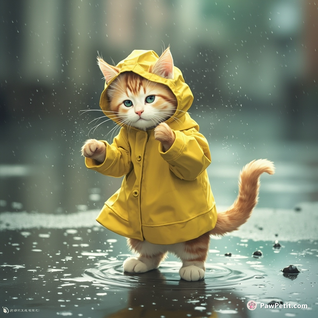 Chaos ensued as the cat, on hind-paws, tried delicate sips of rain dressed in a micro-sized yellow slicker.