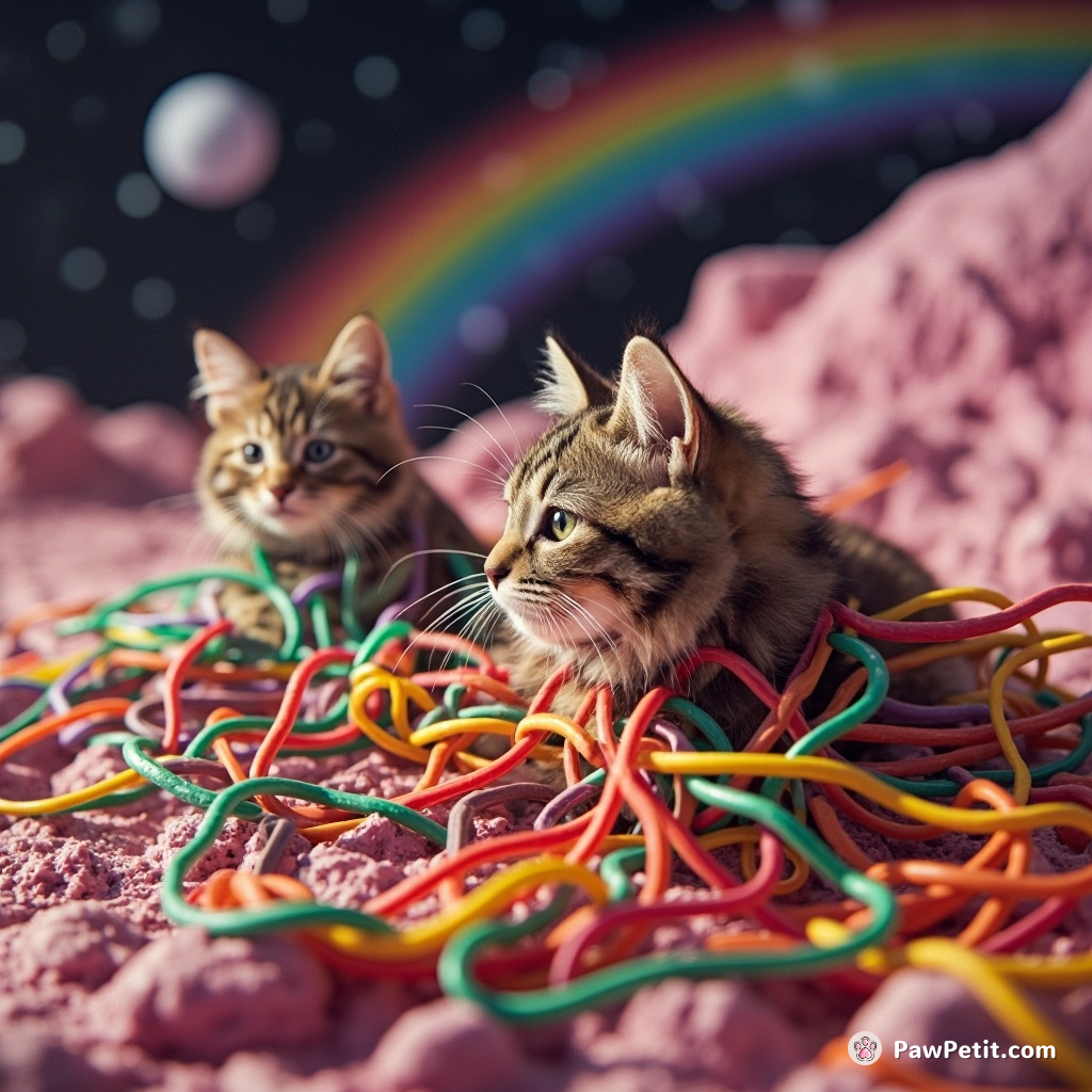 Cat lassoing cephalopod aliens on a rainbow planet, using strands of multicolored spaghetti.
