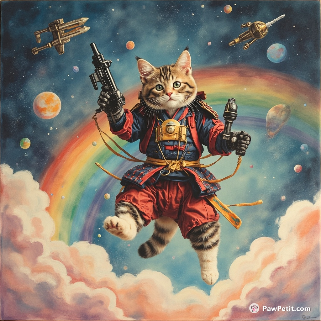 A domestic cat acting as a samurai warrior, backflipping over a rainbow in space while juggling miniature sci-fi gadgets.