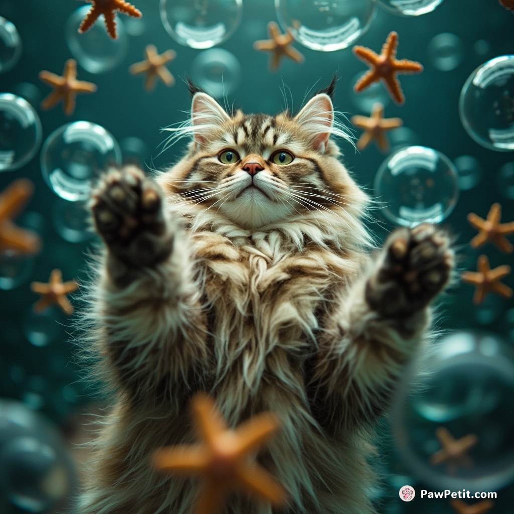 A fluffy Persian cat flamboyantly conducting a symphony of meowing starfish in underwater bubbles.