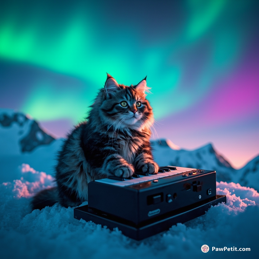 A cat playing a theremin at the peak of Mount Everest during a neon aurora.
