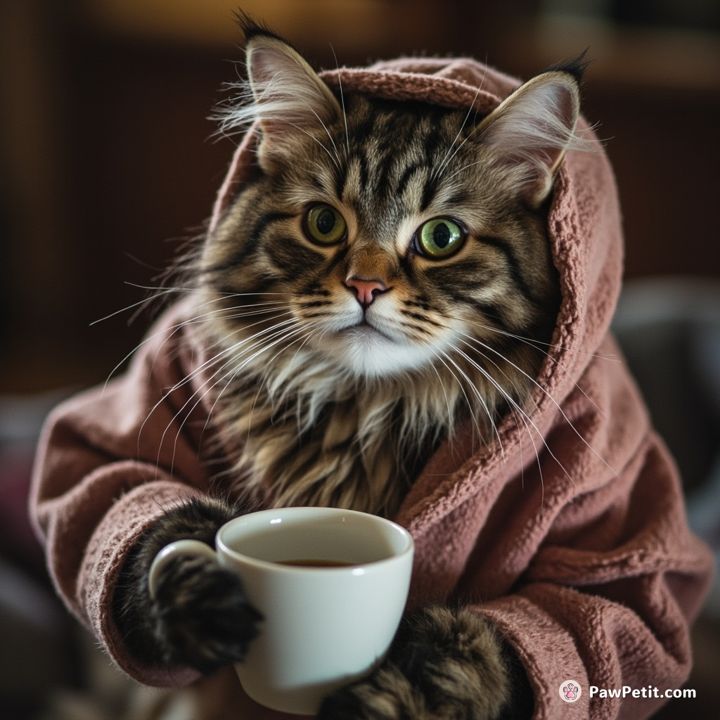 Cloaked in pajamas, Whiskers methodically steeped earl grey tea each morning, hooked on the illusion of sophistication and warmth.