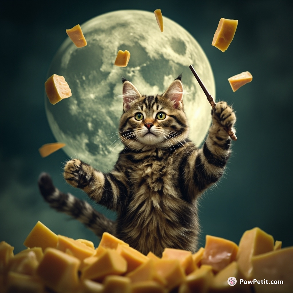 A tabby cat casting magical spells with a wand to levitate an assortment of cheeses around the moon.