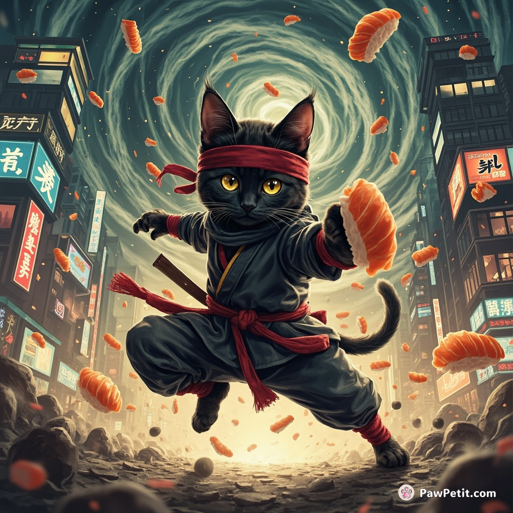 A combat-ready ninja cat dodging a raining vortex of flying sushi in the heart of downtown Tokyo at night.