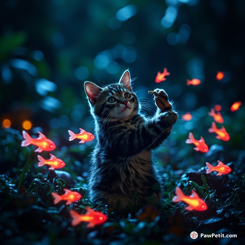 Cat conducting a symphony of neon fish in a rainforest at midnight.