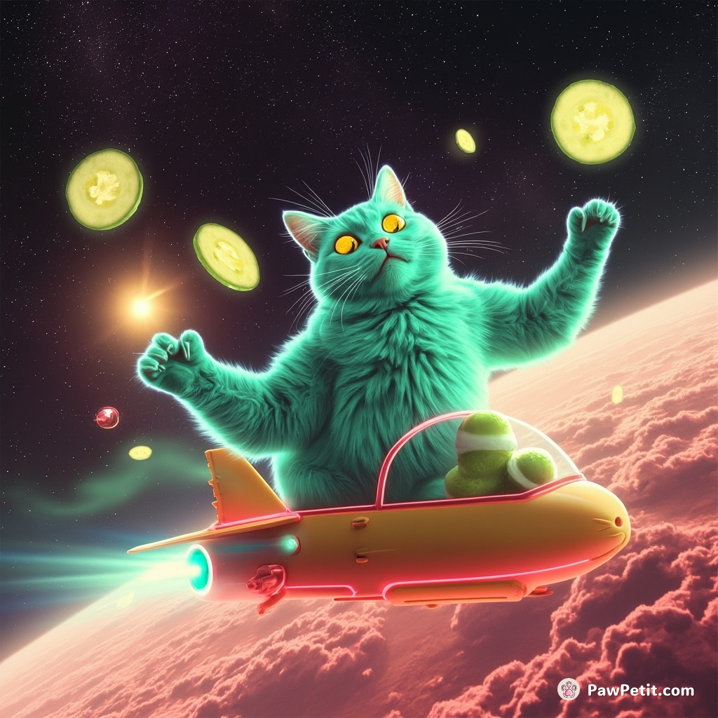 A smoking hot aquamarine cat, juggling three radioactive cucumber slices while piloting a cheese spaceship through the strawberry milky way.