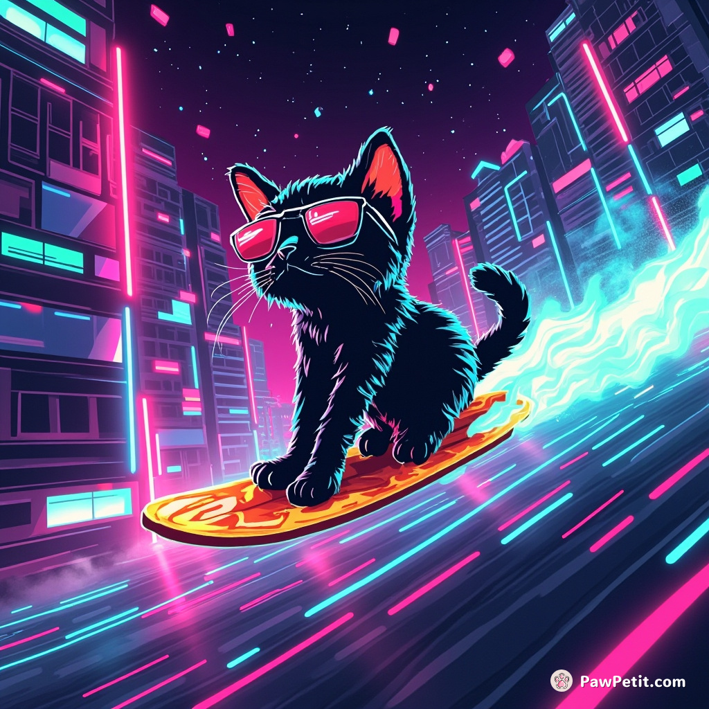 Cyberpunk racing cat surfing a data stream across a neon cityscape.