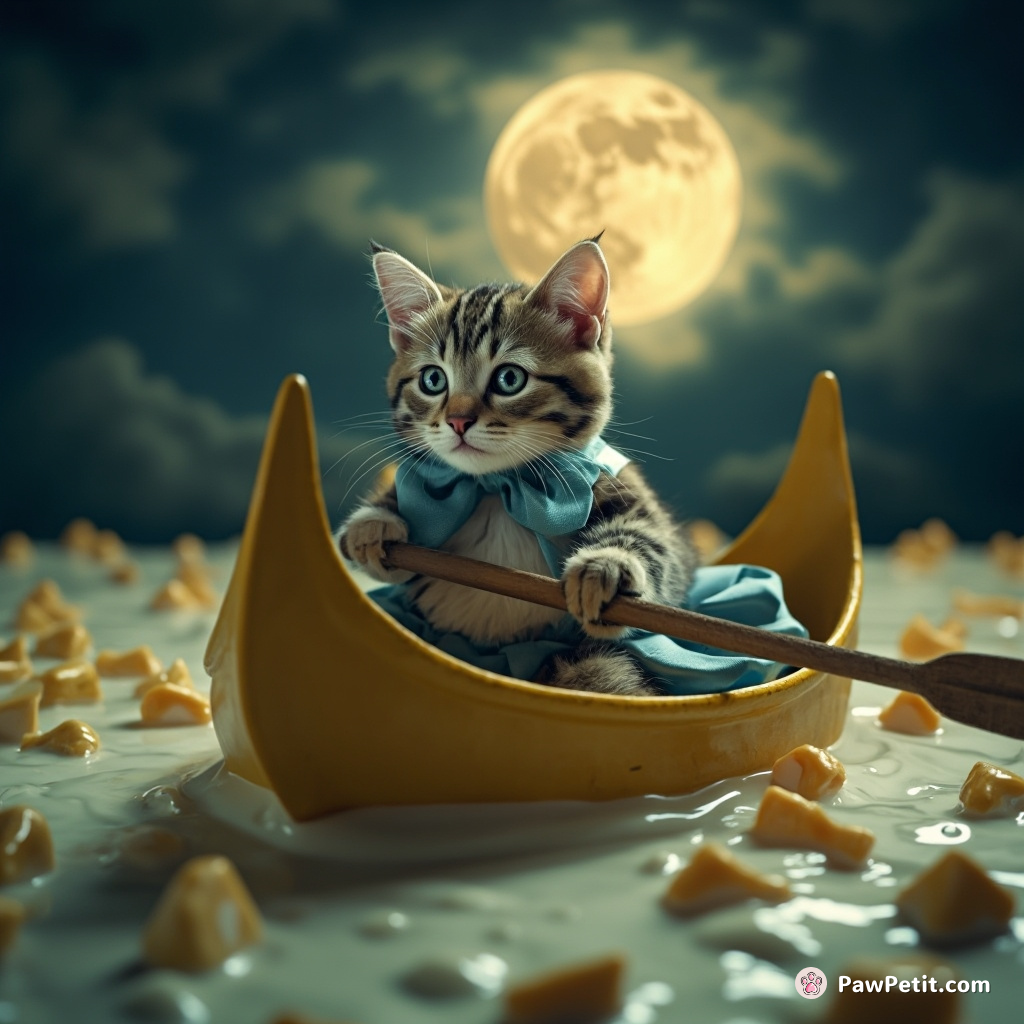 Alice in Wonderland cat rowing a gravy boat in an ocean of milk under cheese moon.
