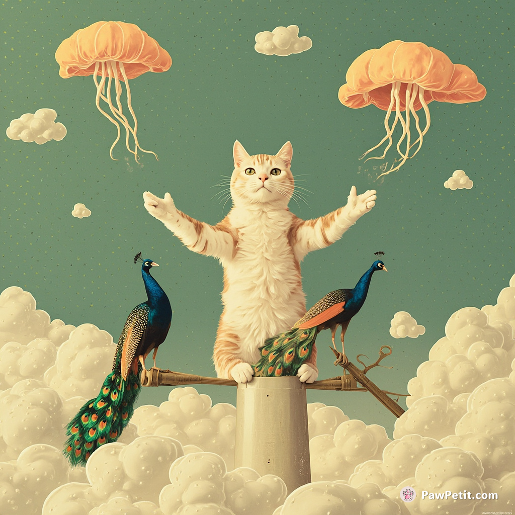 A gigantic cat simultaneously juggling flamboyant peacocks, balancing on firing cannons, set against the backdrop of floating jellyfish clouds under a green polka-dot sky.