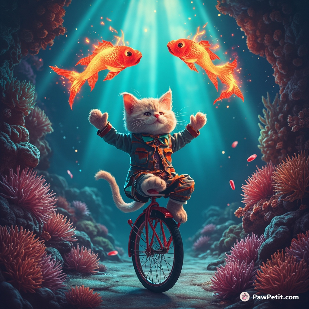 A ragdoll cat balancing on a unicycle while juggling fiery fiestfish in an underwater neon coral forest.