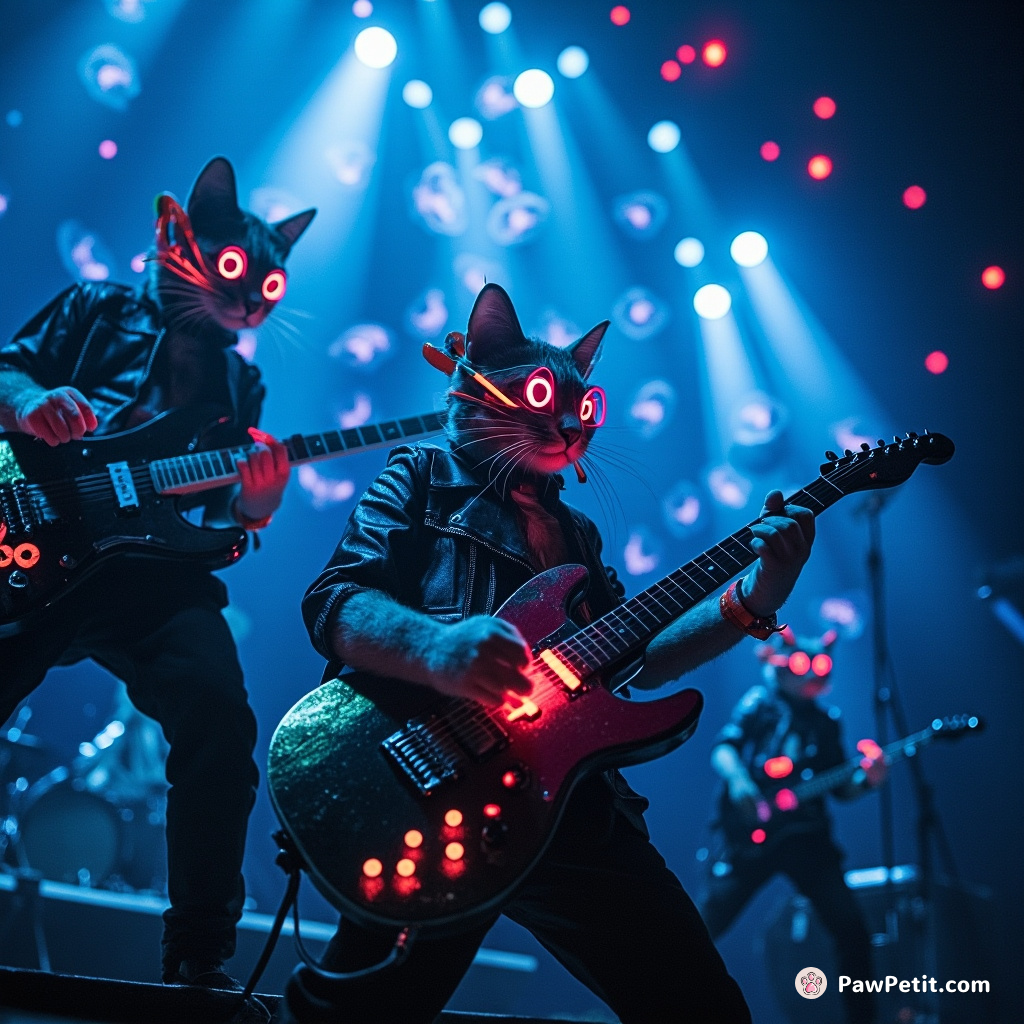 A punk rock band of cats performing at a sold-out concert underwater, playing cat-shaped electric guitars powered by bioluminescent jellyfish.