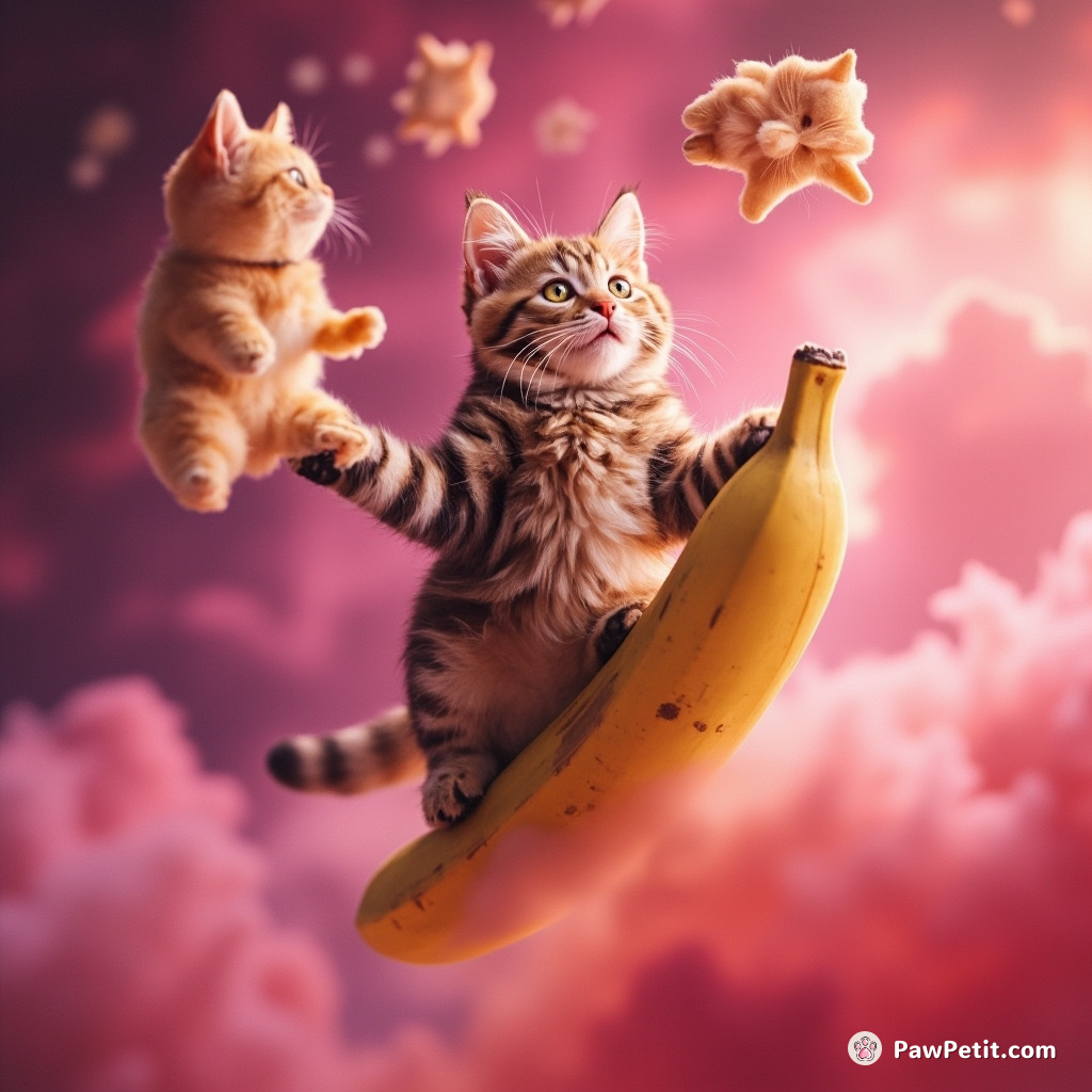 Cat surfing on a banana in a pink nebula while juggling cats-shaped stars.