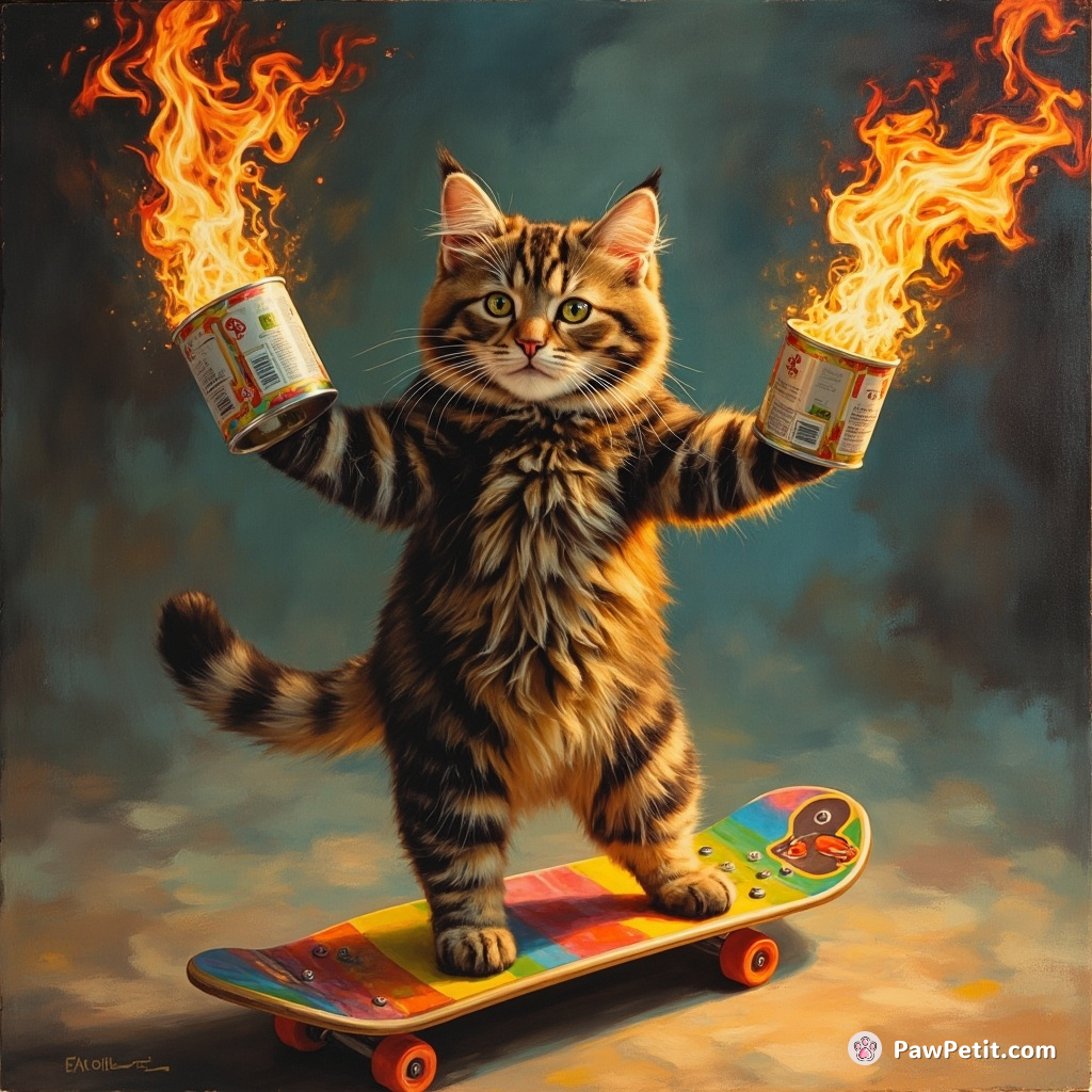 A cat moonwalking on a rainbow skateboard while juggling flaming tuna cans, totally unfazed.