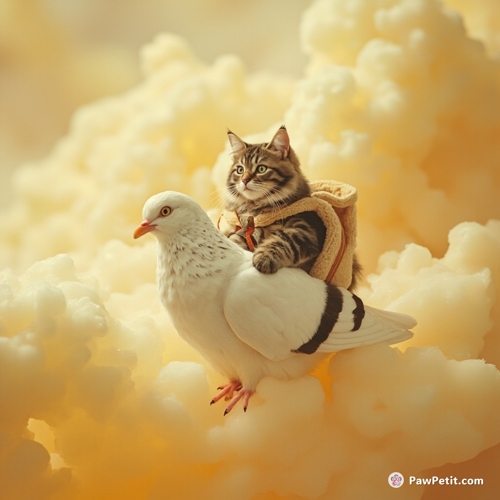 Cat piloting an oversized pigeon through a cushioning nebula of vanilla custard.