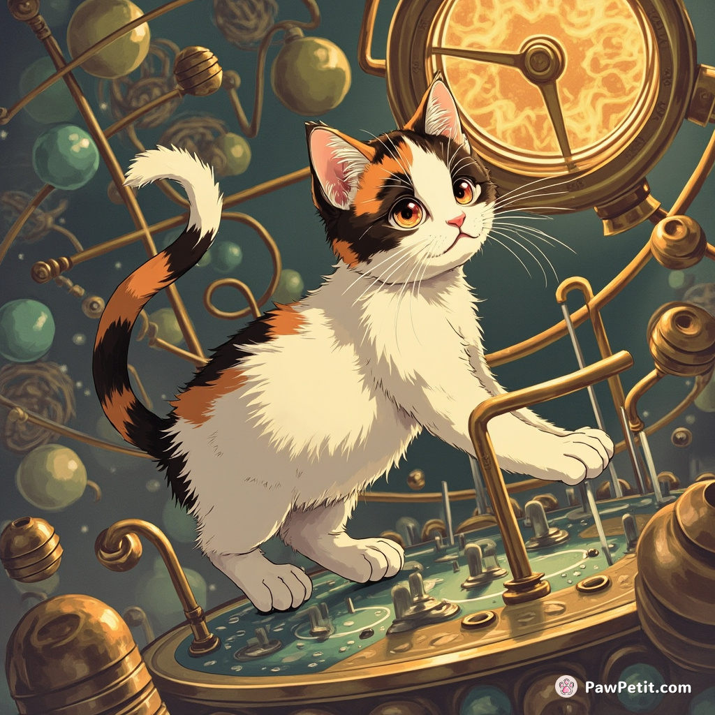 Amidst whirling gadgetry, the calico, tail flicking nonchalously, nimbly navigates levers of an arcane time-oscillator; controlling reality.
