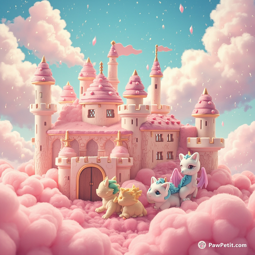 A herd of miniature Cat-Dragons guarding a donut castle during cotton candy weather.